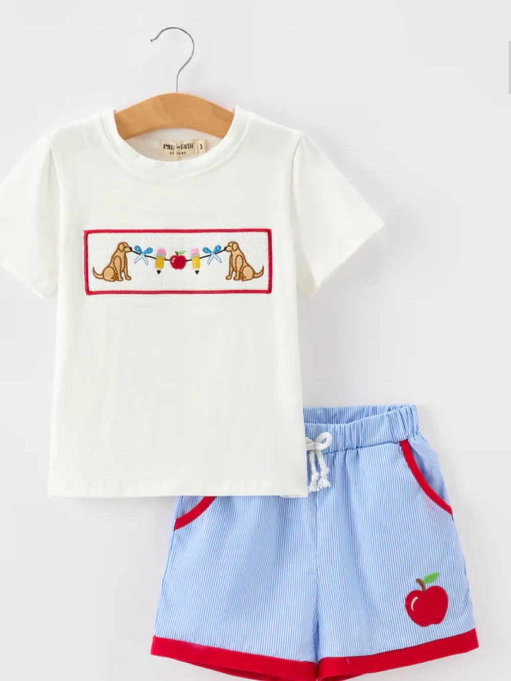 White & Light Blue Kids Matching Set with Dog Embroidery and Apple Short